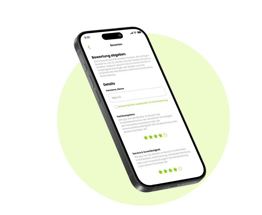 a smartphone displaying the finevo app showcasing the ratings page